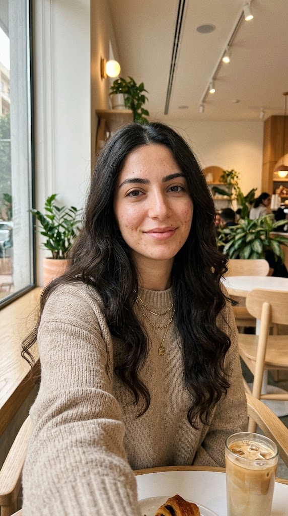 صورة شخصية بأسلوب سيلفي طبيعي في مقهى لصانعة محتوى — مُولَّدة بالكامل بالذكاء الاصطناعي في عقل بنسبة عمودية 9:16