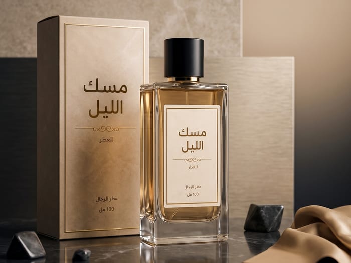 صورة منتج عطر بخلفية استوديو رخامية مُنشأة بأداة تصوير المنتجات في عقل — واسم المنتج العربي «مسك الليل» يظهر بحروف موصولة صحيحة على العلبة والزجاجة