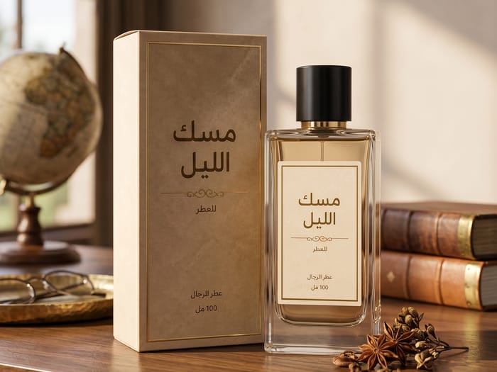 نفس منتج العطر في مشهد حياتي على مكتب خشبي مع كتب ونظارة وكرة أرضية — مُنشأ بأداة تصوير المنتجات في عقل