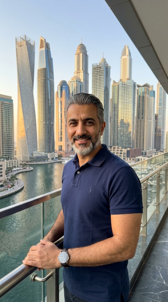 شخصية مستشار عقاري مُولَّدة بالذكاء الاصطناعي على شرفة تطل على مرسى دبي — بنسبة عرض عمودية 9:16 جاهزة للريلز